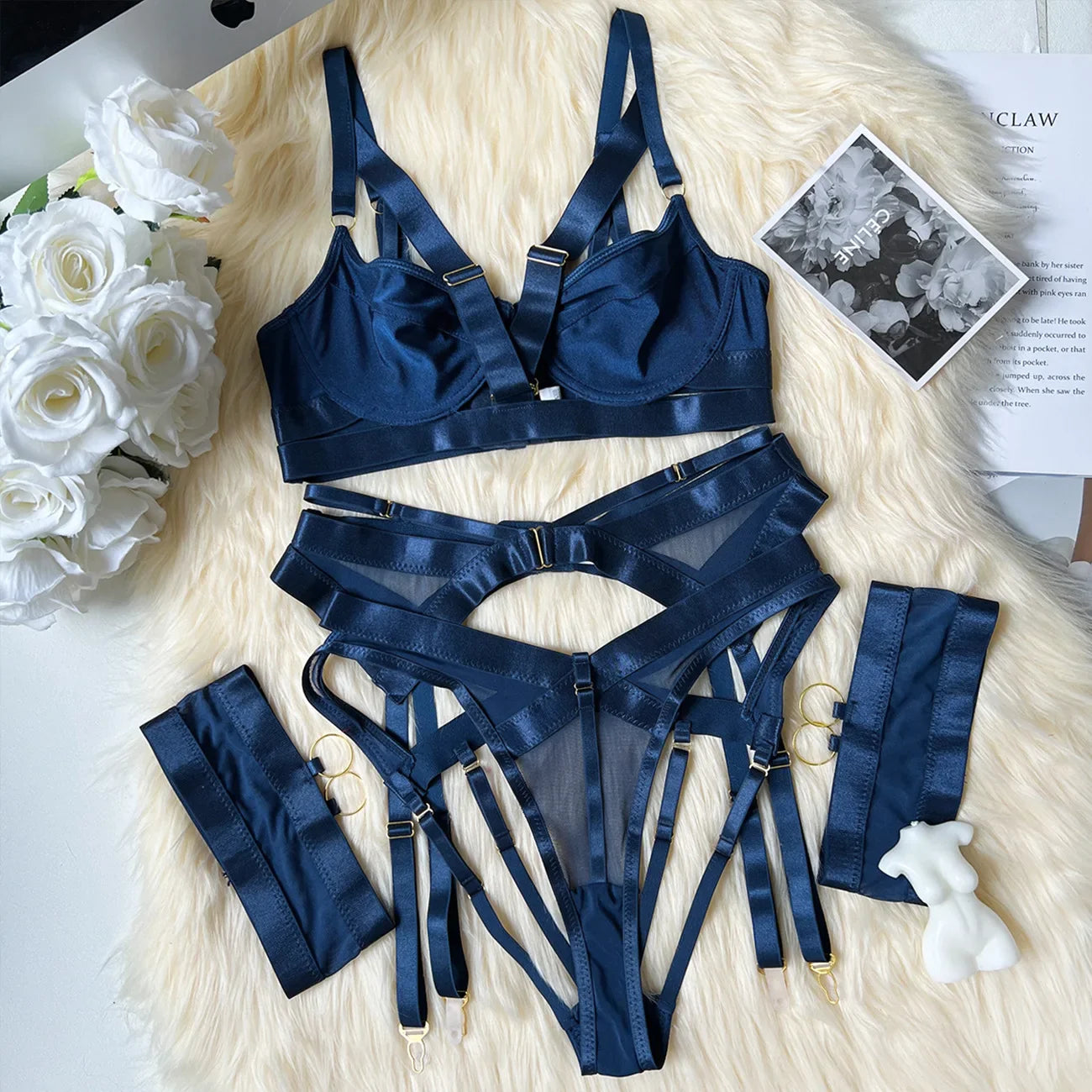 Sexy Lingerie For Fine Women Navy Blue Sex Suit See Through Crotchless Panties Erotic Intimate Hot Push Up Underwear