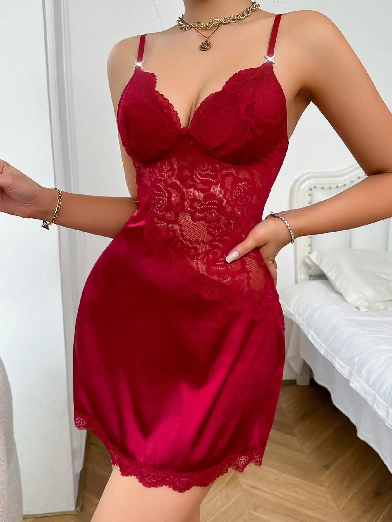 Wine Red V-Neck Nightdress