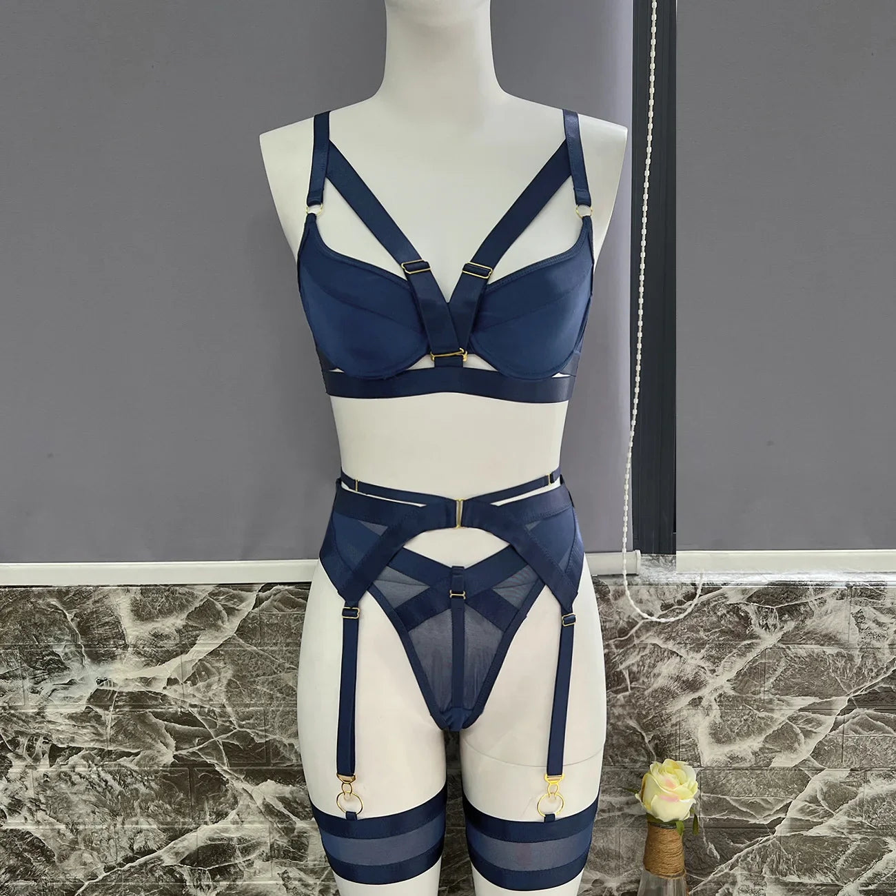 Sexy Lingerie For Fine Women Navy Blue Sex Suit See Through Crotchless Panties Erotic Intimate Hot Push Up Underwear